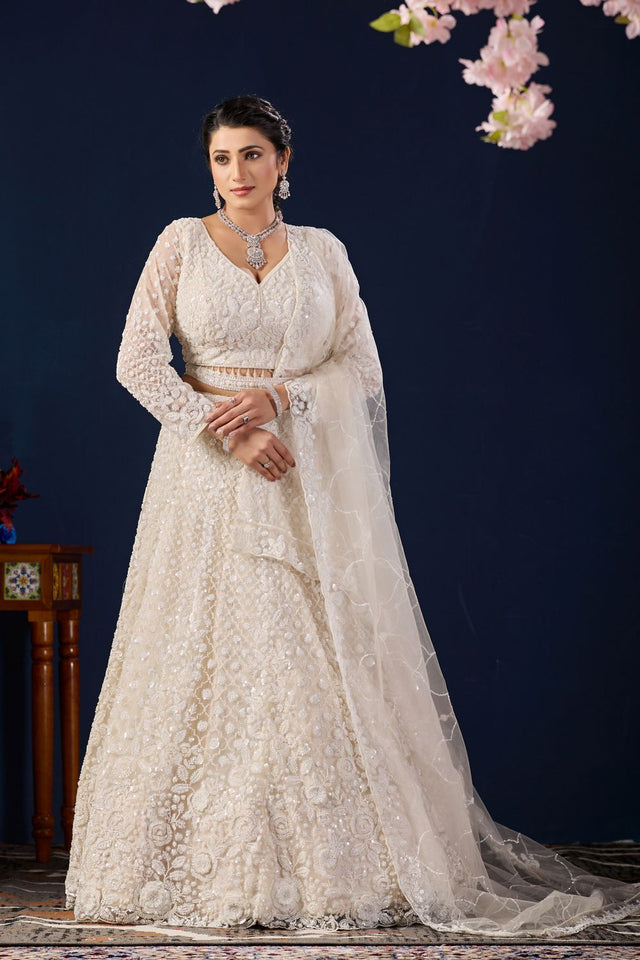 White Sequin with Floral Embroidered Net Lehenga (ACB2226)