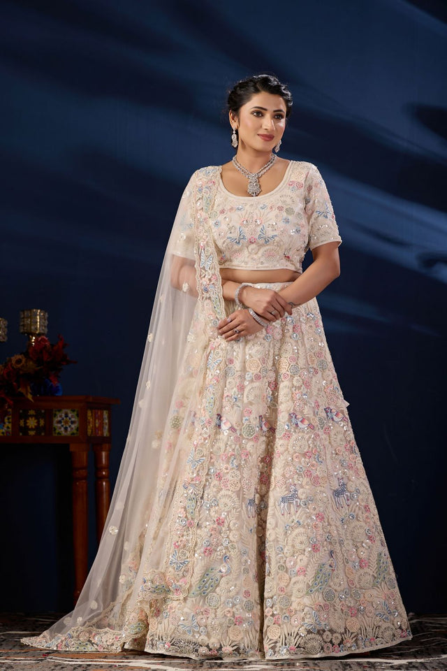 Cream Sequin with Floral Embroidered Net Lehenga (ACB2227)