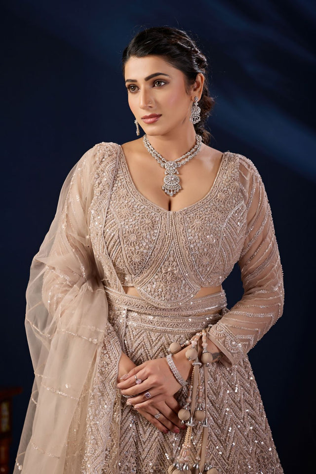 Beige Sequin with Floral Embroidered Net Lehenga (ACB2228)