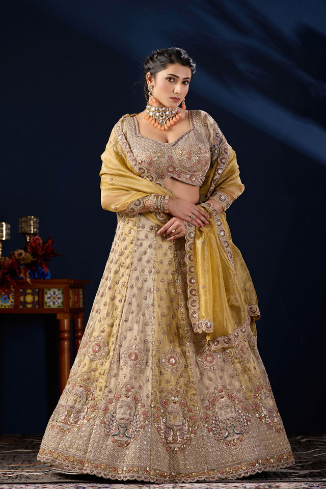 Mustard Heavy Embroidered Tissue Lehenga (ACB2229)