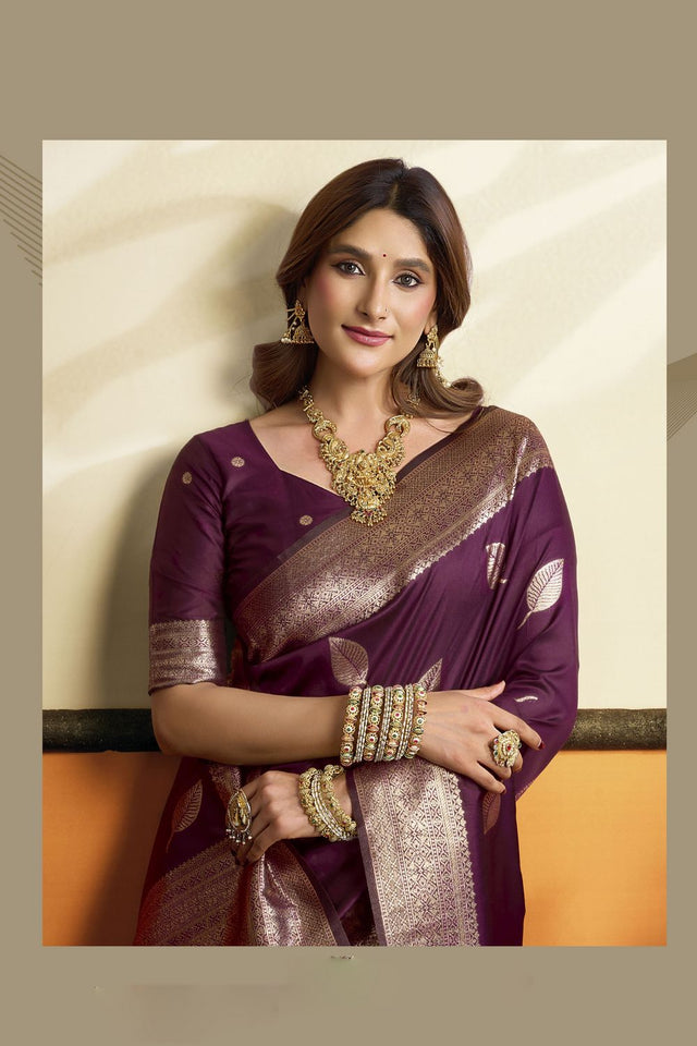Wine Woven Silk Saree (ACB2233)
