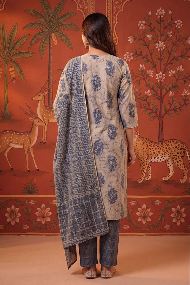 Blue Printed Cotton Kurti Pant Set (ACB2237)