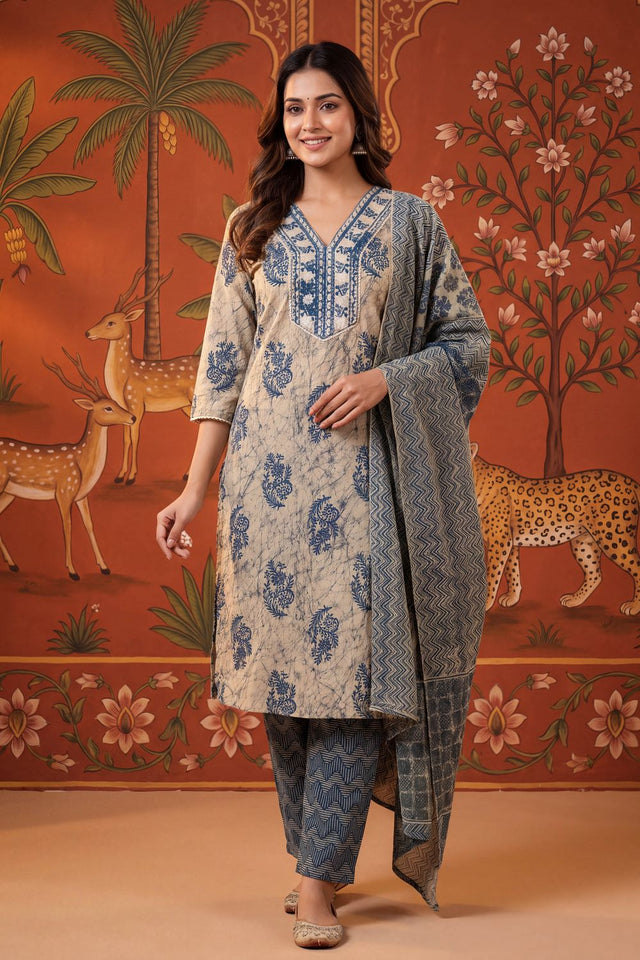 Blue Printed Cotton Kurti Pant Set (ACB2237)
