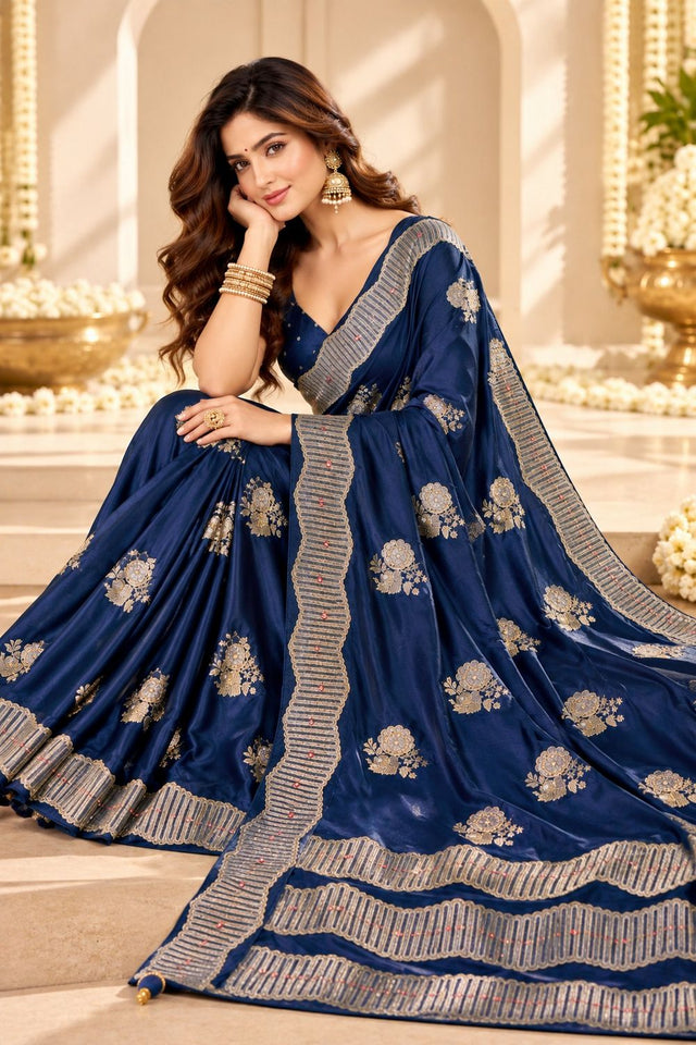 Blue Woven Satin Saree (ACB2240)
