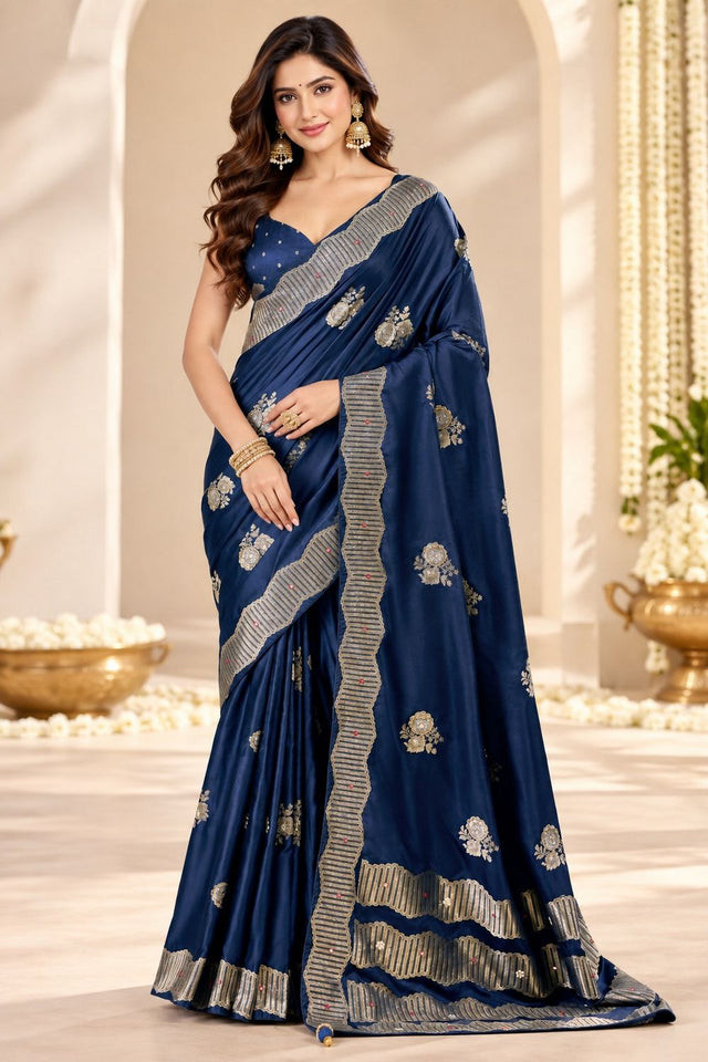 Blue Woven Satin Saree (ACB2240)