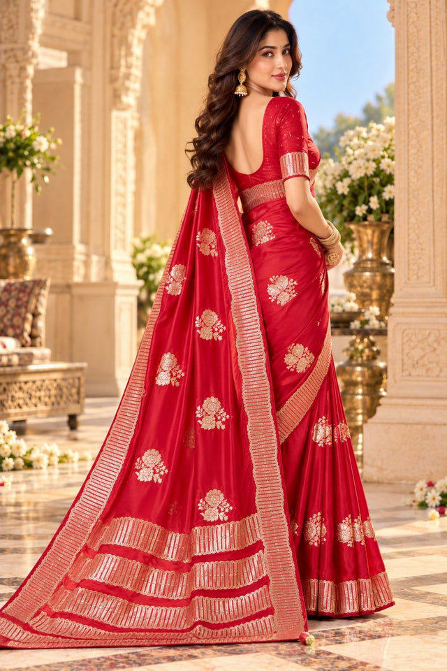 Red Woven Satin Saree (ACB2242)