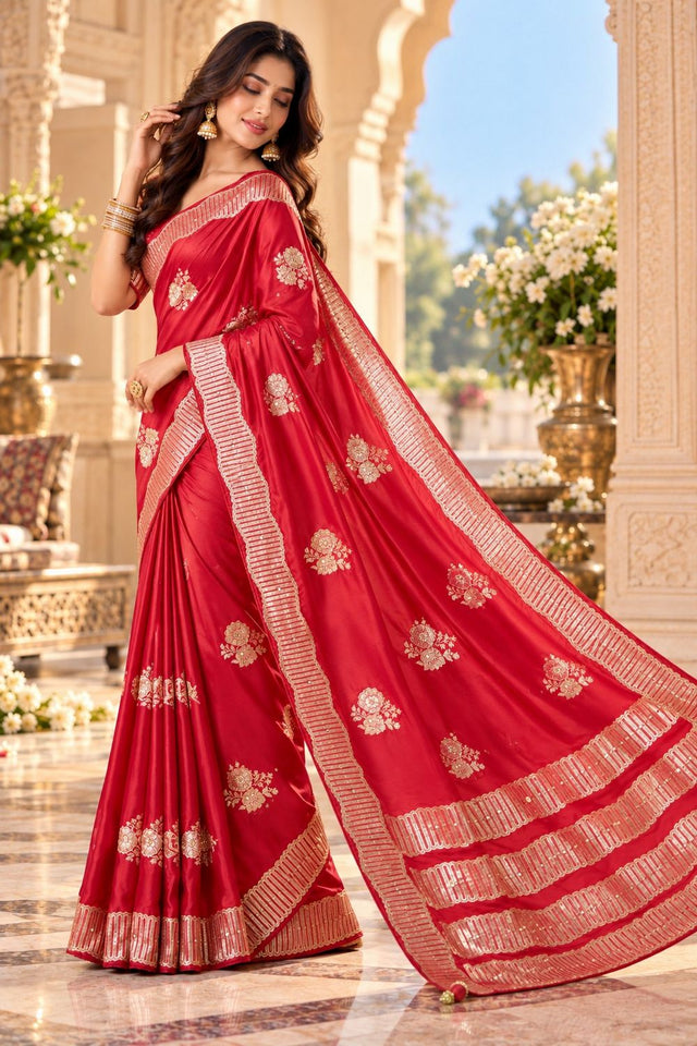 Red Woven Satin Saree (ACB2242)