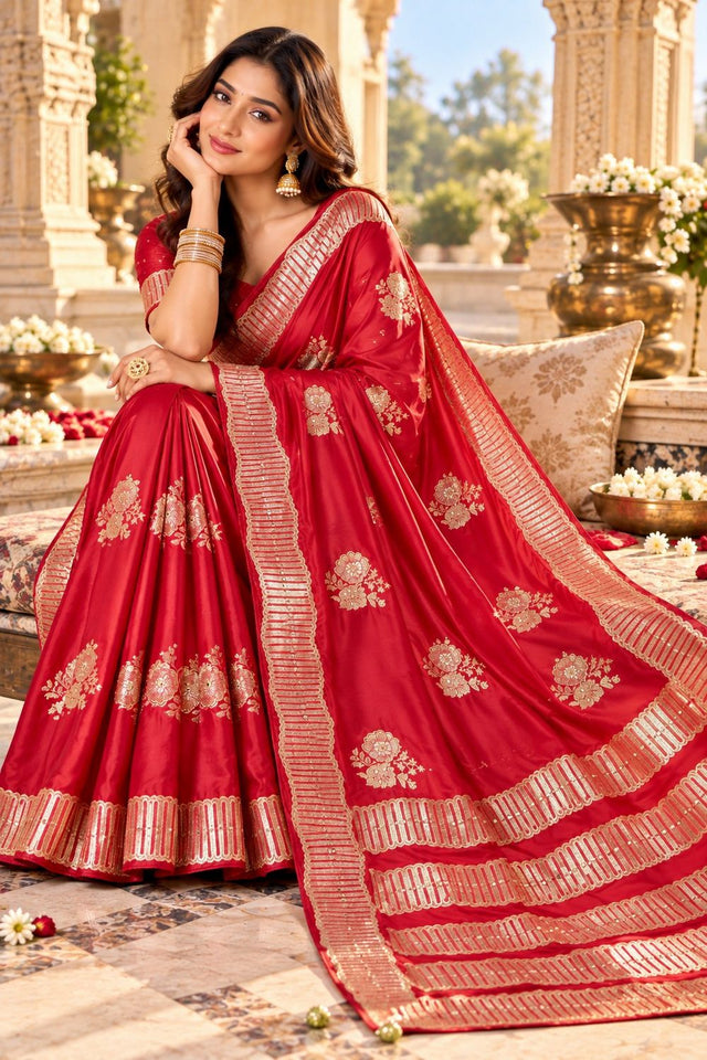 Red Woven Satin Saree (ACB2242)