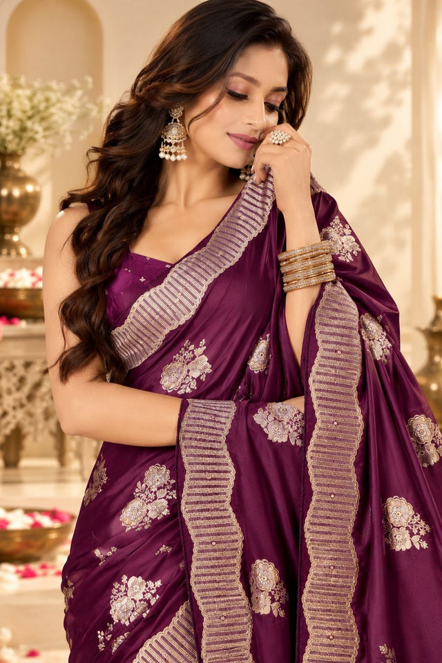 Wine Woven Satin Saree (ACB2243)
