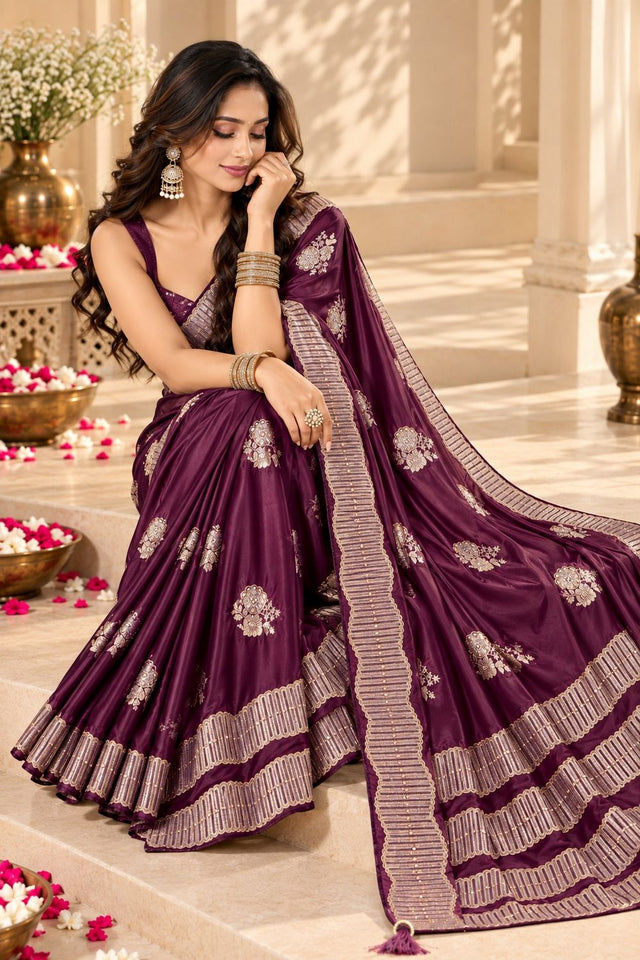 Wine Woven Satin Saree (ACB2243)