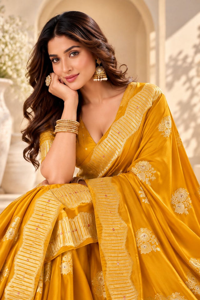 Yellow Woven Satin Saree (ACB2244)