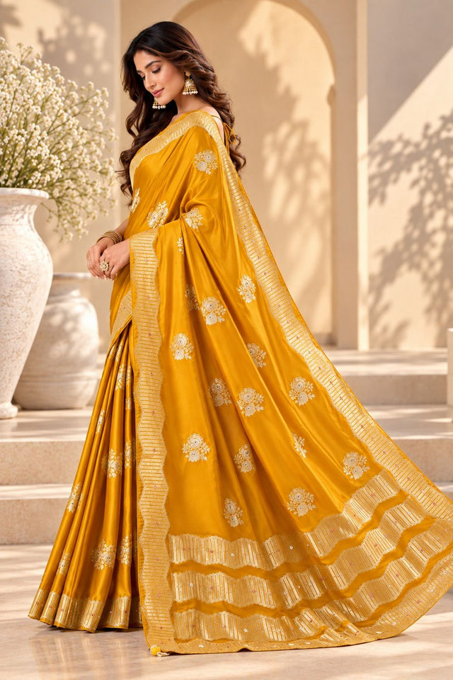 Yellow Woven Satin Saree (ACB2244)