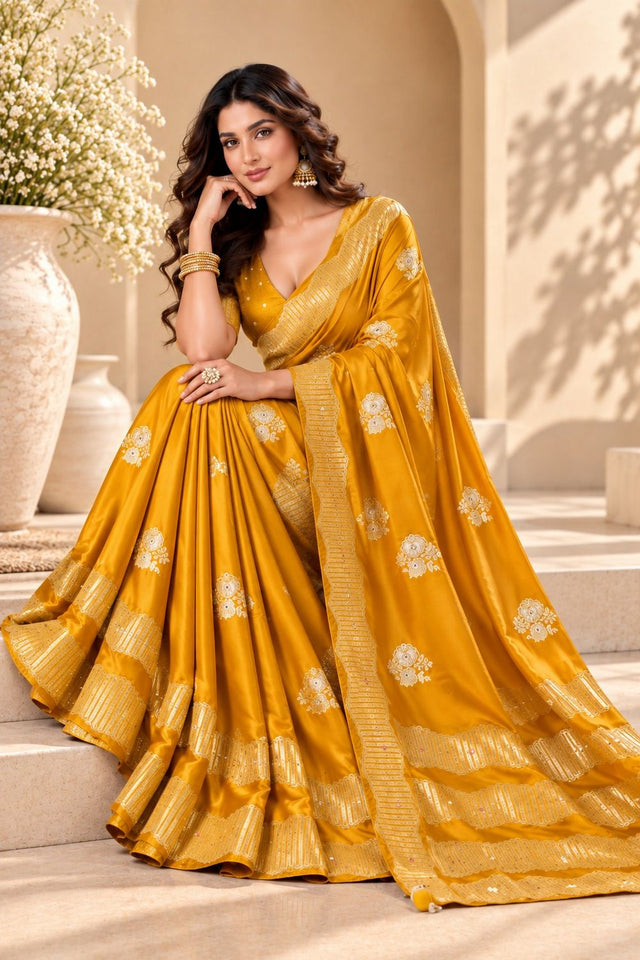 Yellow Woven Satin Saree (ACB2244)