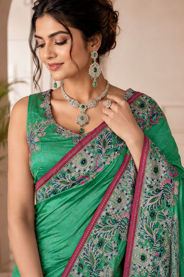 Turquoise Woven Satin Saree (ACB2245)