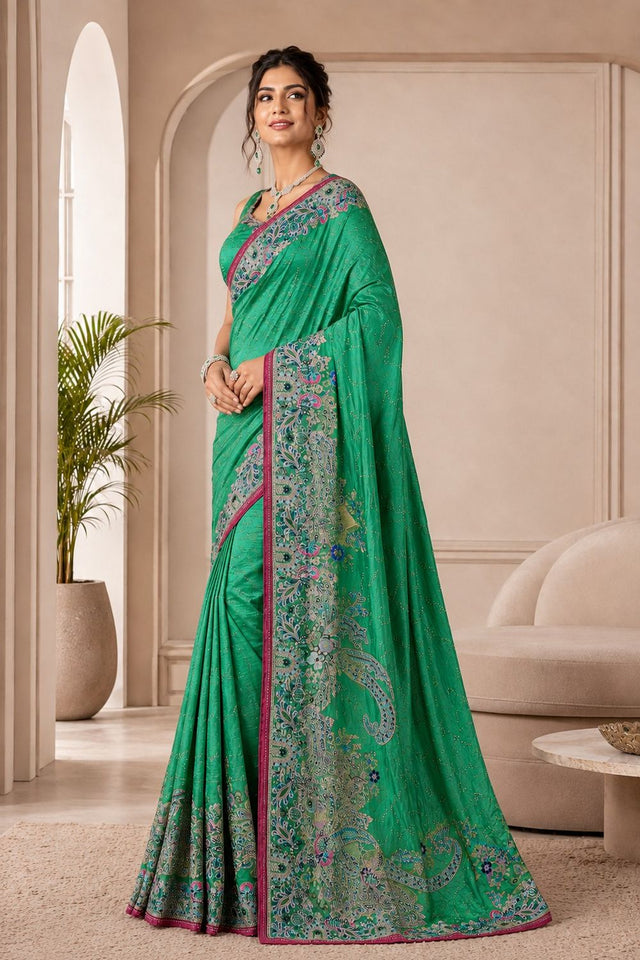 Turquoise Woven Satin Saree (ACB2245)