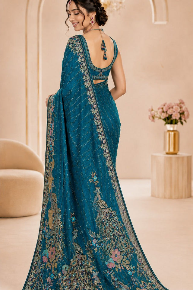 Turquoise Woven Satin Saree (ACB2247)