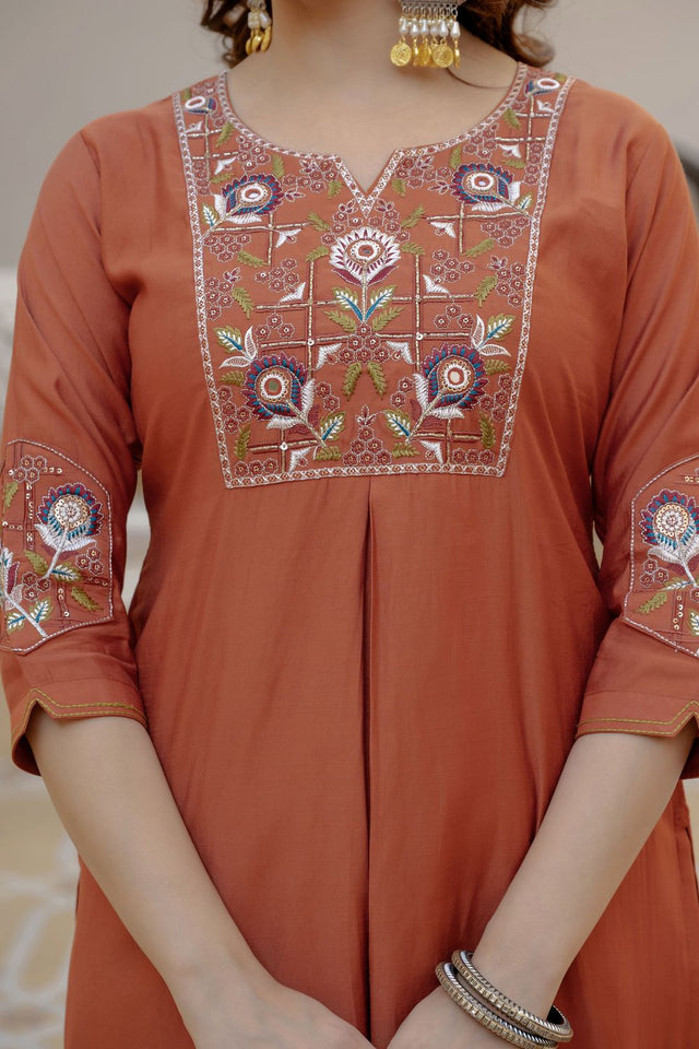 Rust Floral Embroidered Silk Kurti Pant Set (ACB2249)