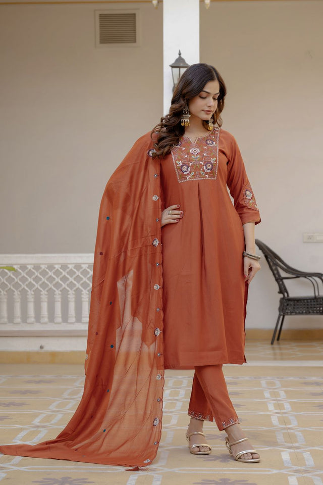 Rust Floral Embroidered Silk Kurti Pant Set (ACB2249)
