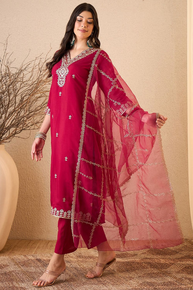 Pink Floral Embroidered Silk Blend Kurti Pant Set (ACB2258)