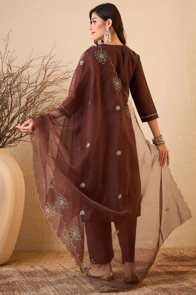 Brown Floral Embroidered Silk Blend Kurti Pant Set (ACB2259)