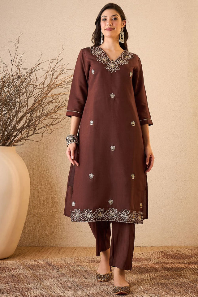 Brown Floral Embroidered Silk Blend Kurti Pant Set (ACB2259)
