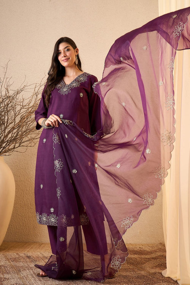 Purple Floral Embroidered Silk Blend Kurti Pant Set (ACB2260)