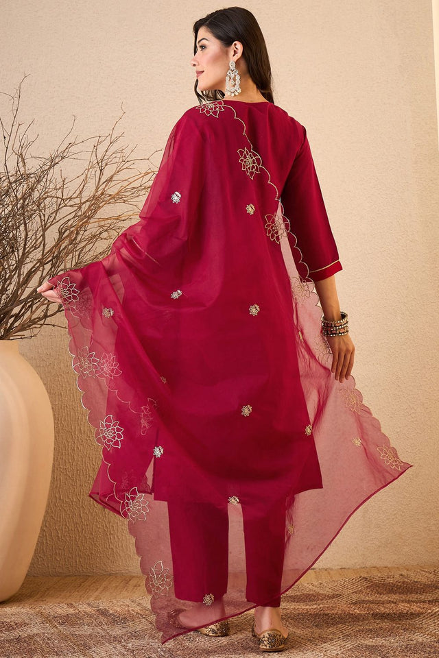 Pink Floral Embroidered Silk Blend Kurti Pant Set (ACB2262)