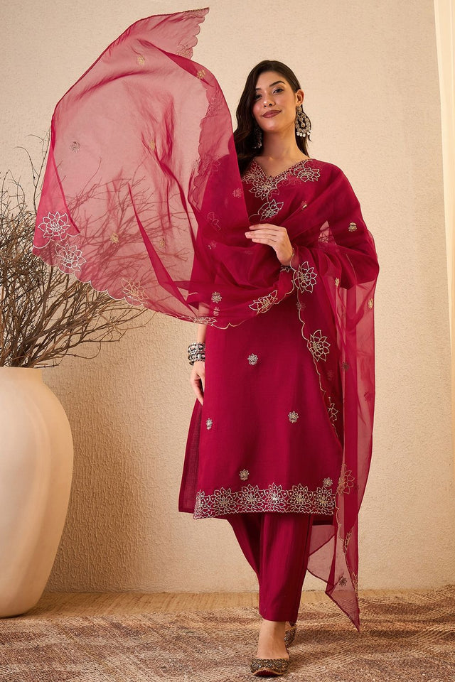 Pink Floral Embroidered Silk Blend Kurti Pant Set (ACB2262)