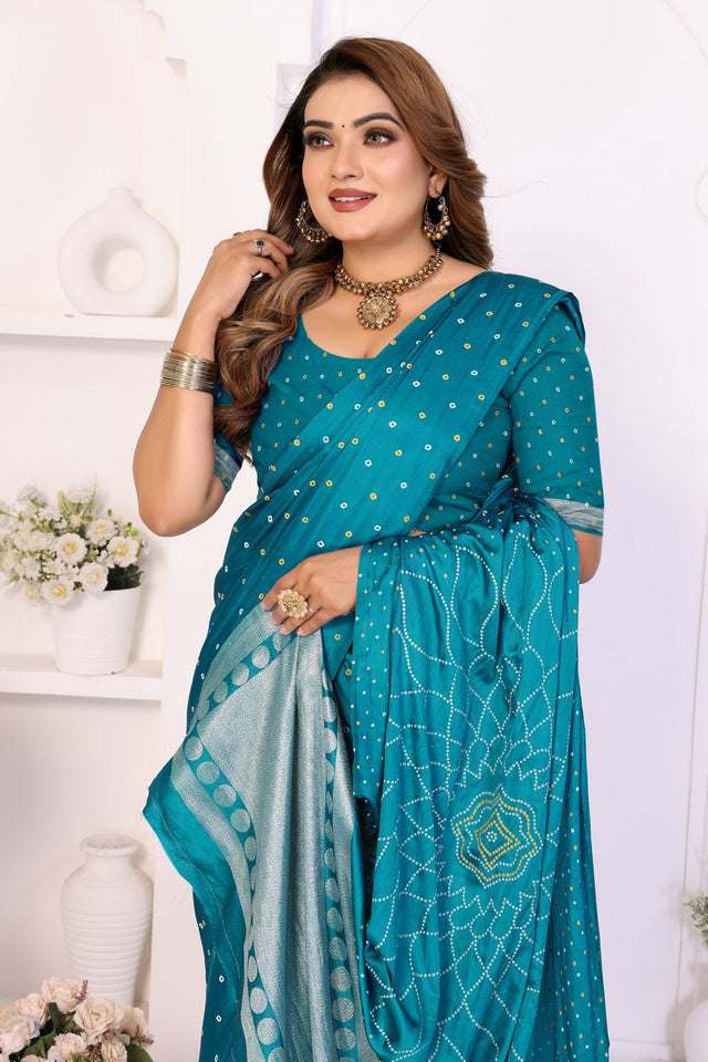 Turquoise Printed with Woven Pallu Satin Silk Saree (ACB2264)