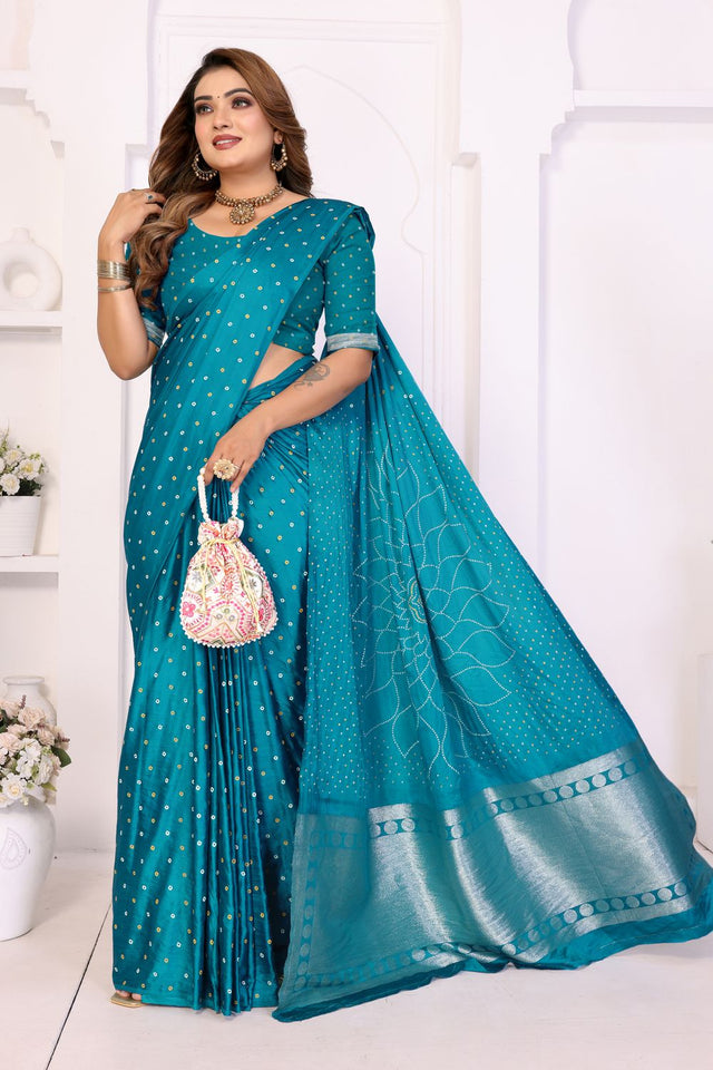 Turquoise Printed with Woven Pallu Satin Silk Saree (ACB2264)