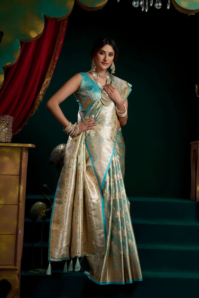 Blue Woven Satin Silk Saree (ACB2272)