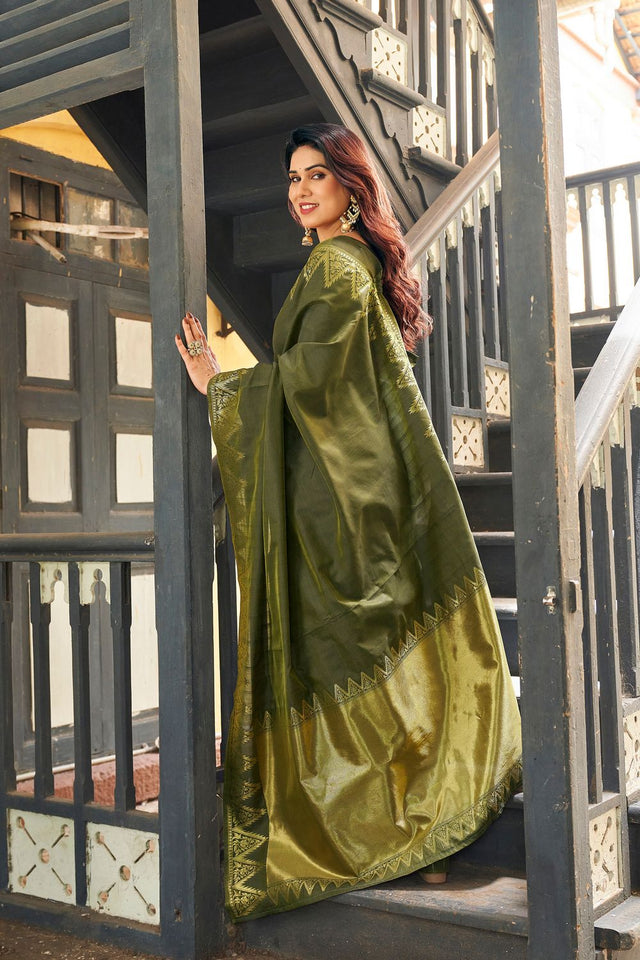 Mehendi Gold Zari Woven Banarasi Silk Saree (ACB2274)