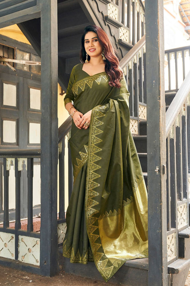 Mehendi Gold Zari Woven Banarasi Silk Saree (ACB2274)