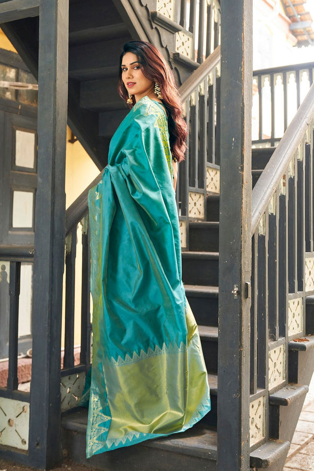 Turquoise Gold Zari Woven Banarasi Silk Saree (ACB2275)