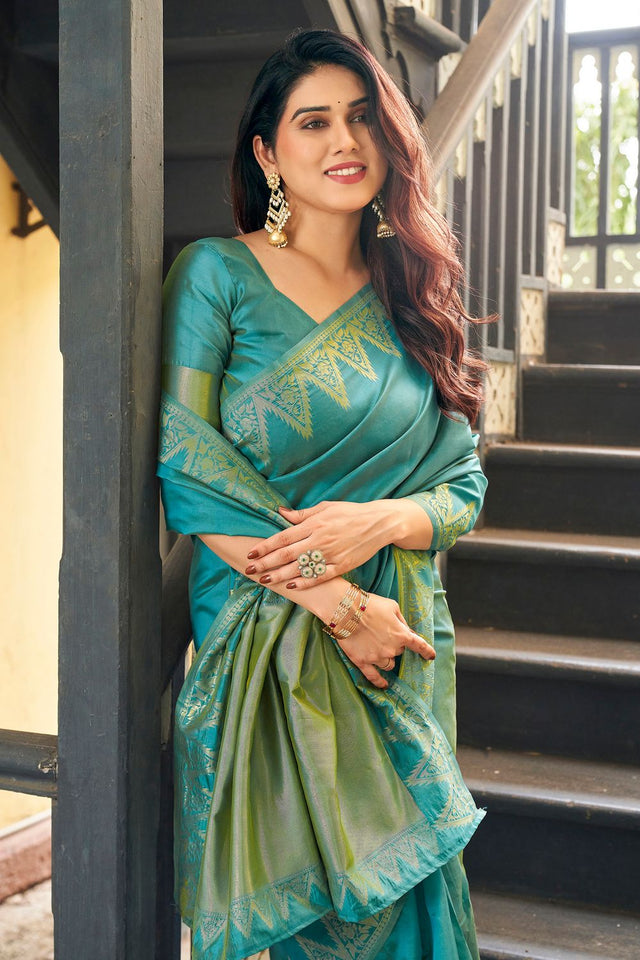 Turquoise Gold Zari Woven Banarasi Silk Saree (ACB2275)