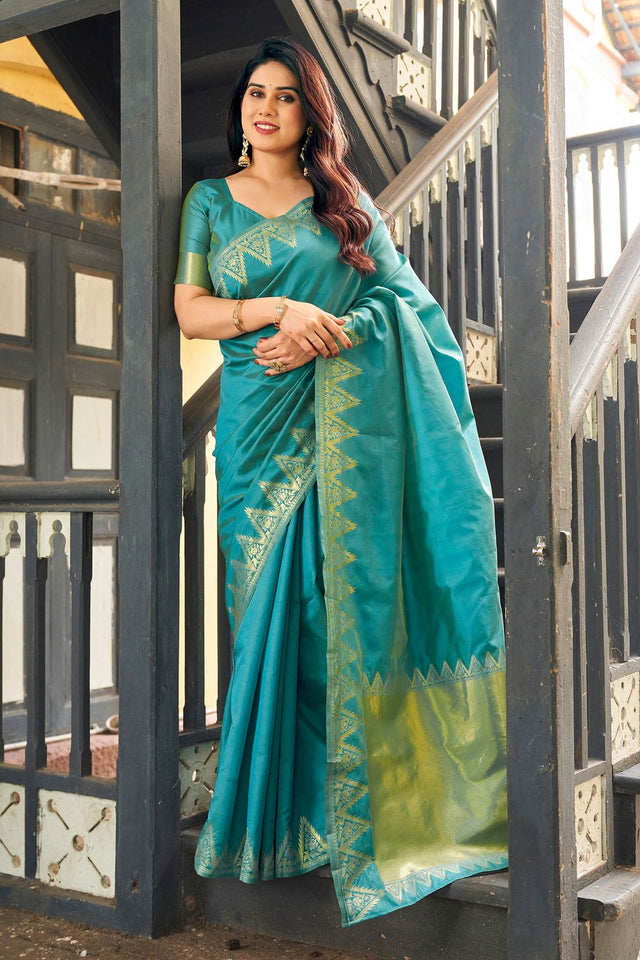 Turquoise Gold Zari Woven Banarasi Silk Saree (ACB2275)