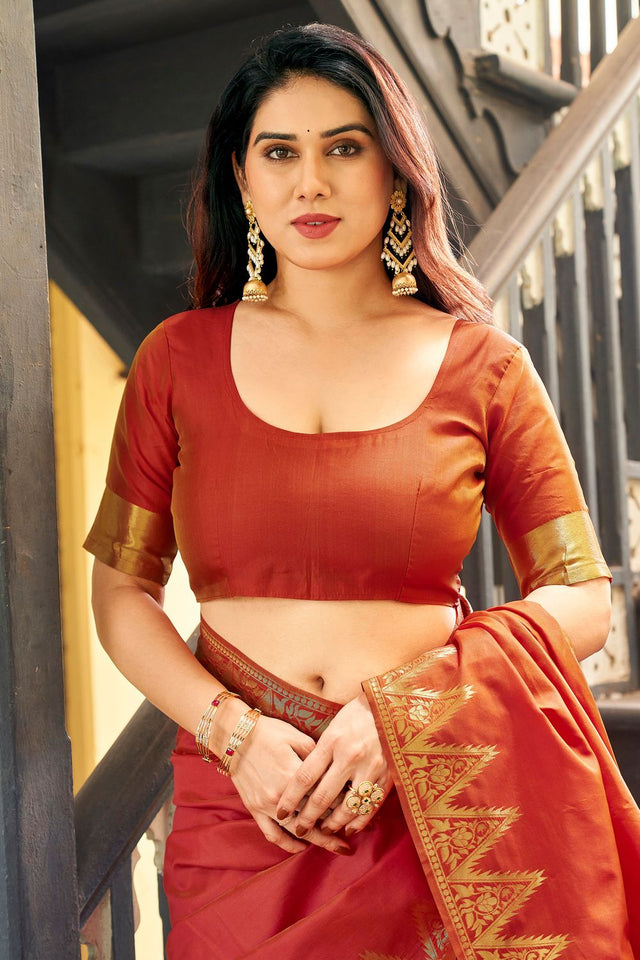 Rust Gold Zari Woven Banarasi Silk Saree (ACB2278)