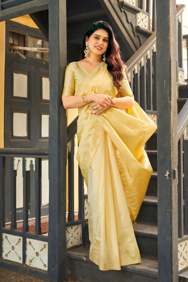 Cream Gold Zari Woven Banarasi Silk Saree (ACB2281)