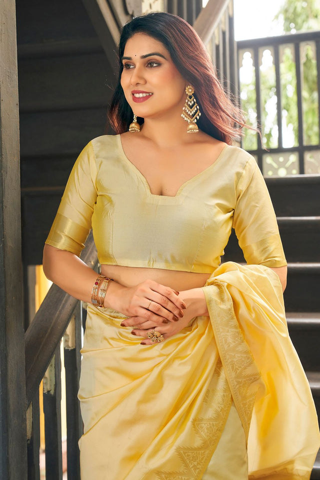 Cream Gold Zari Woven Banarasi Silk Saree (ACB2281)