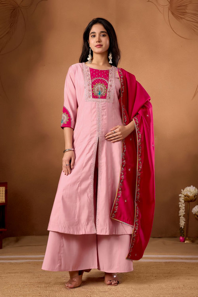 Light Pink Floral Embroidered Silk Kurti Palazzo Set (ACB2288)