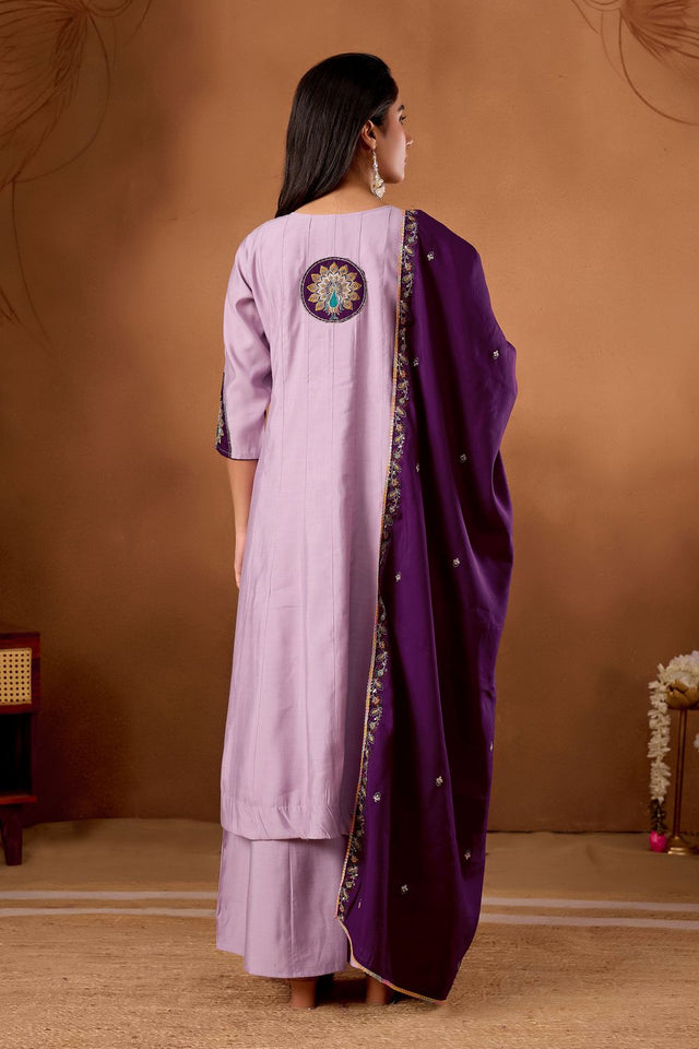 Lavender Floral Embroidered Silk Kurti Palazzo Set (ACB2290)