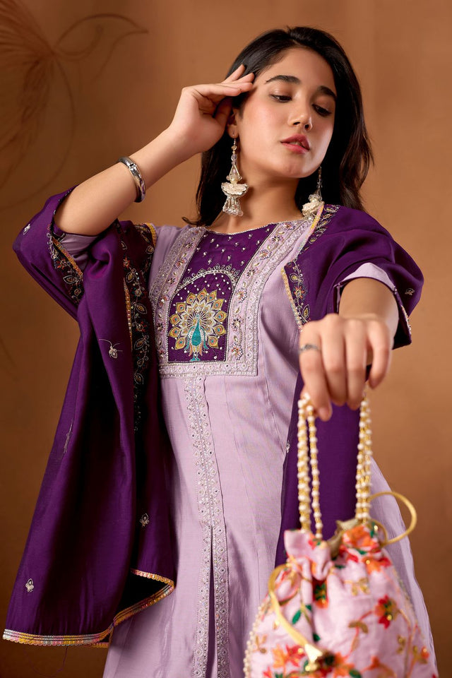 Lavender Floral Embroidered Silk Kurti Palazzo Set (ACB2290)