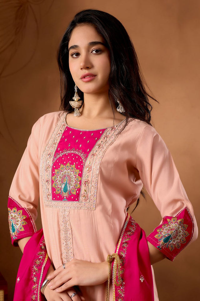 Peach Floral Embroidered Silk Kurti Palazzo Set (ACB2291)