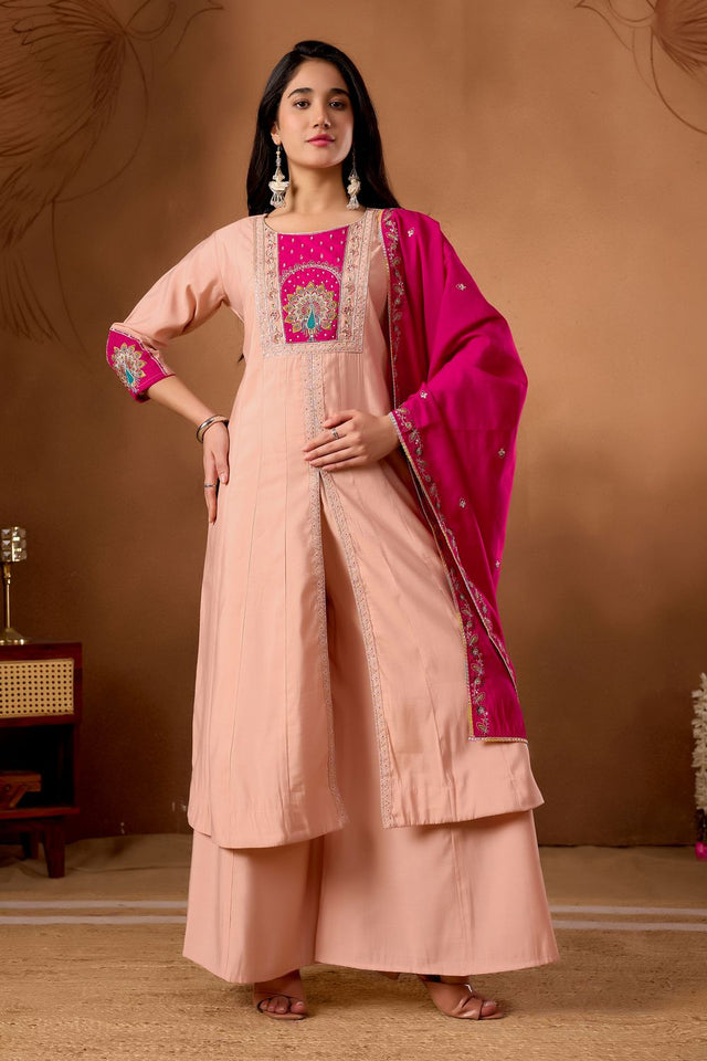 Peach Floral Embroidered Silk Kurti Palazzo Set (ACB2291)