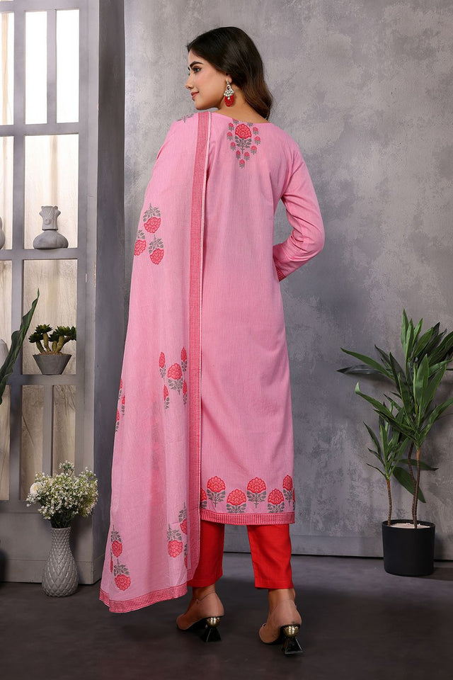 Pink Floral Embroidered Cotton Kurti Pant Set (ACB2292)