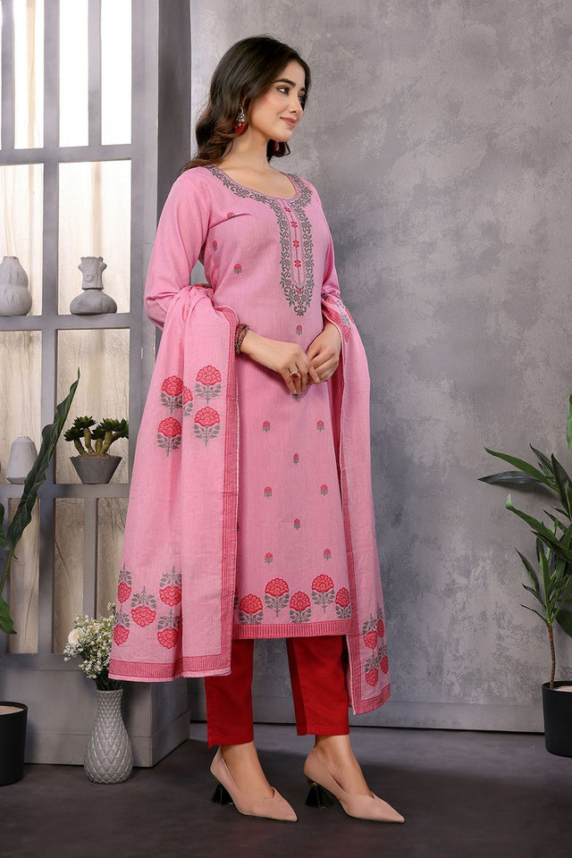 Pink Floral Embroidered Cotton Kurti Pant Set (ACB2292)
