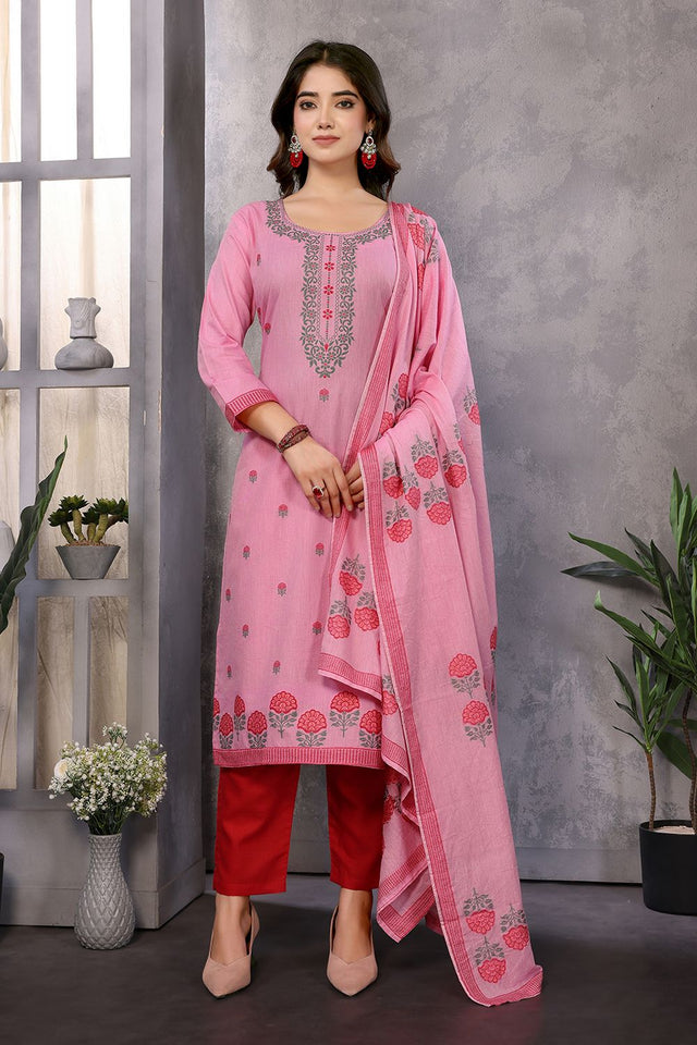 Pink Floral Embroidered Cotton Kurti Pant Set (ACB2292)