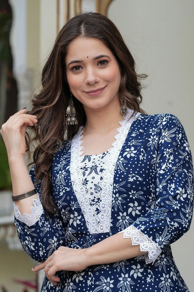 Navy Blue Floral Printed Cotton Blend Kurti Pant Set (ACB2295)