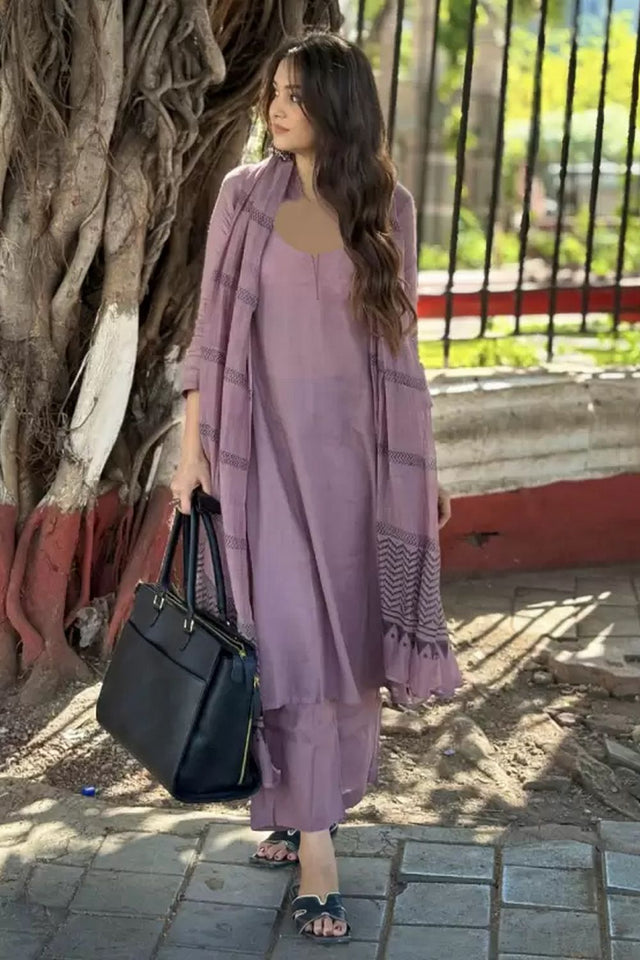 Purple Solid Viscose Kurti Pant Set (ACB2296)
