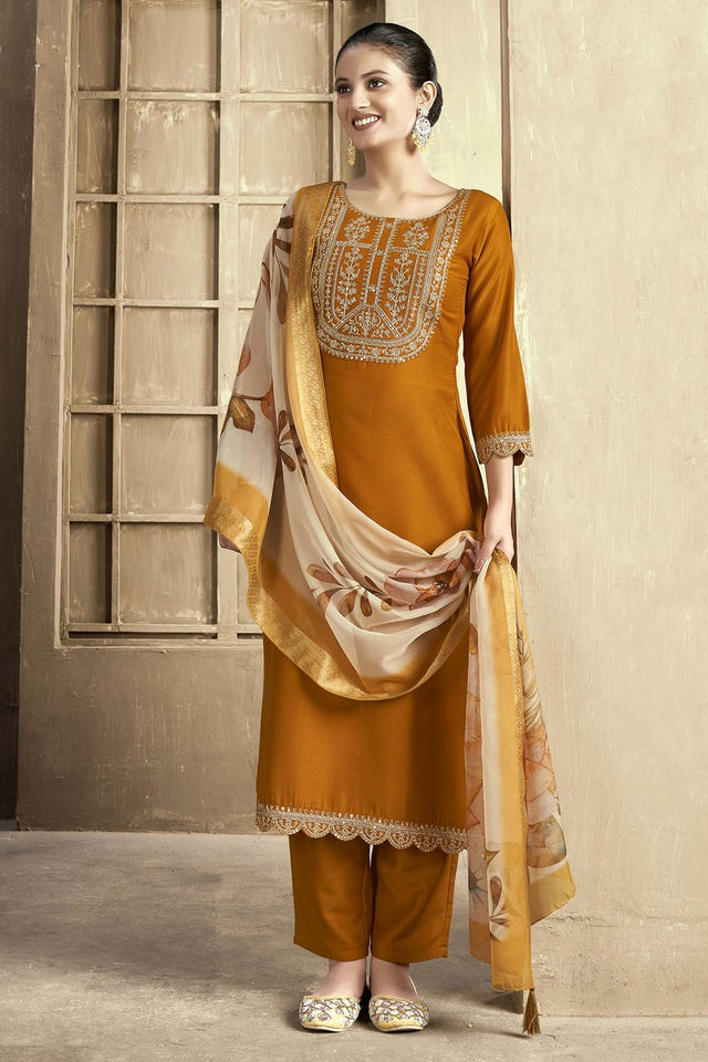 Mustard Embroidered Chanderi Kurti Pant Set (ACB2297)